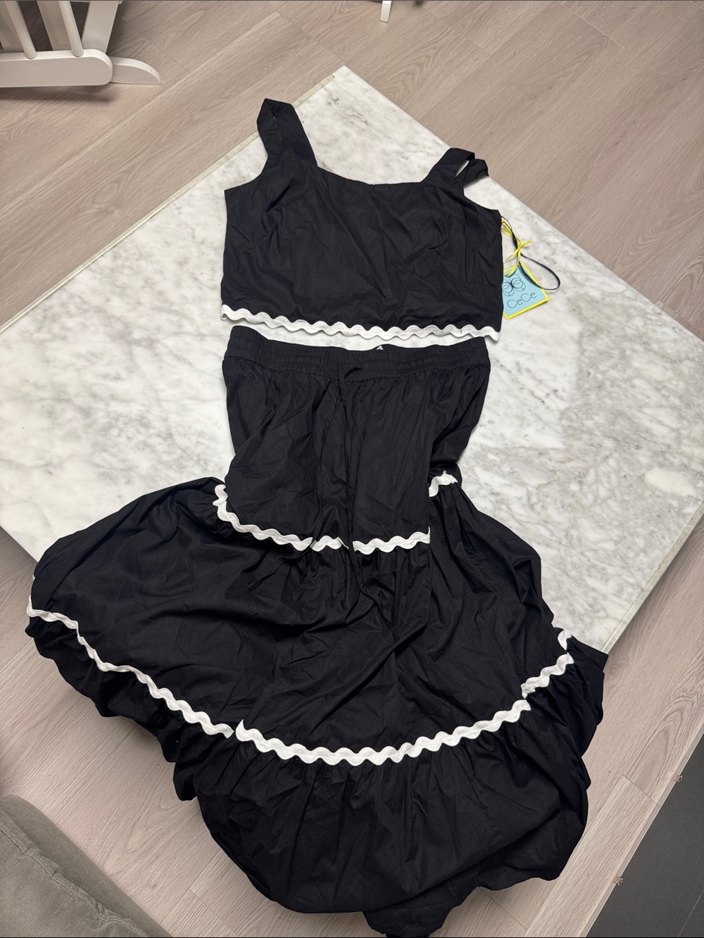 Women’s Black Two-Piece Ruffle Dress with White Trim